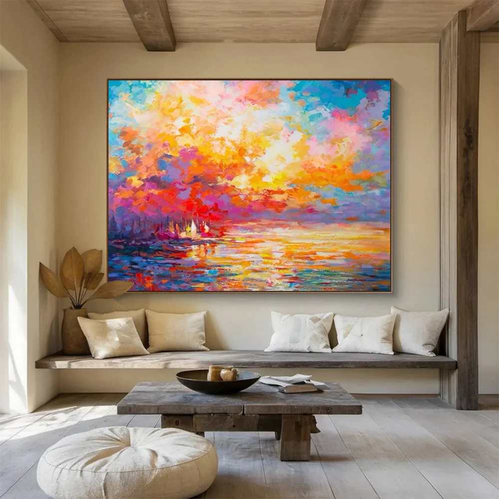Adding Original Handmade Bedroom Sunset Colorful Abstract Canvas Artwork F5OUO